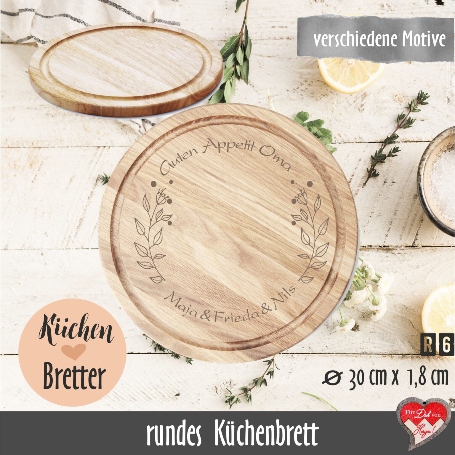 Rundes Küchenbrett mit persönlicher Gravur Personalisiertes