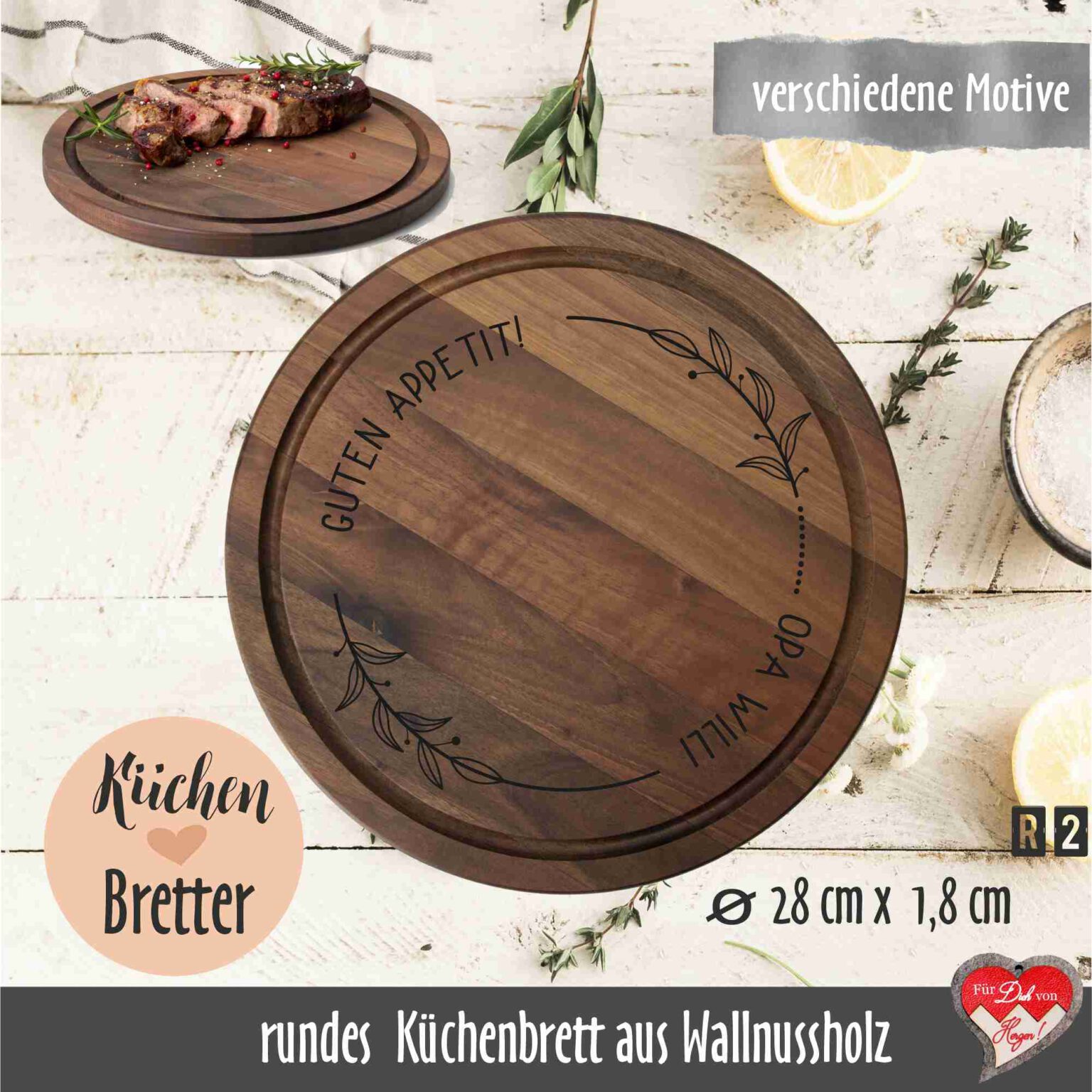 Rundes Küchenbrett aus Wallnussholz mit persönlicher Gravur