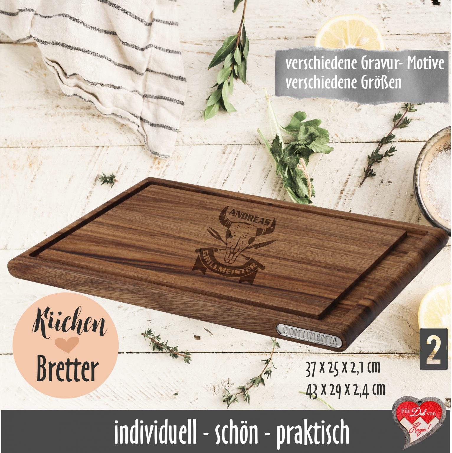 Personalisiertes Tranchierbrett mit Logogravur; graviertes Küchenbrett