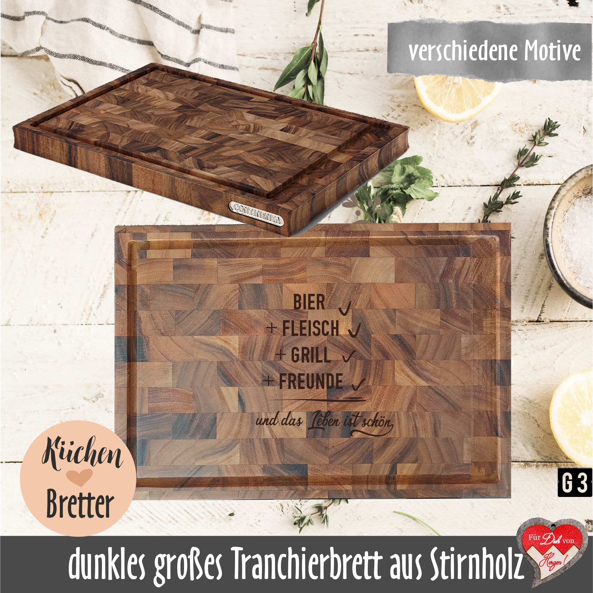 Personalisiertes Tranchierbrett aus Dich – mit dunklem Herzen Stirnholz | von Küchenbrett Fuer Gravur