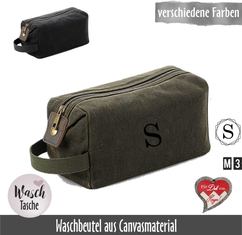Kulturtasche aus gewachstem Canvas mit Monogramm, Name; Personalisierte